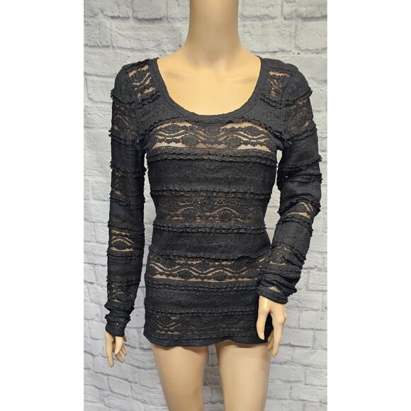 EXPRESS S BLACK FLORAL LACE SEMI SHEER LONG SLEEVE BLOUSE TOP - Picture 12 of 12